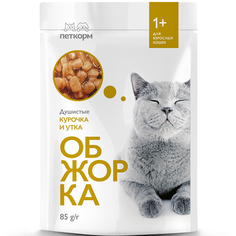 Влажный корм для кошек ОБЖОРКА , курица, утка, 85г