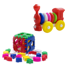 Развивающие игрушки Karolina Toys Кубик логический большой+Конструктор-каталка+Паровозик