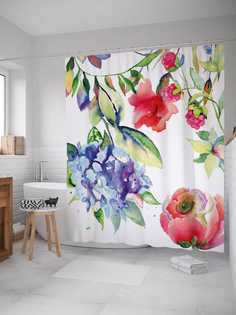Штора для ванной JoyArty "Акварельные цветы" из сатена, 180х200 см с крючками