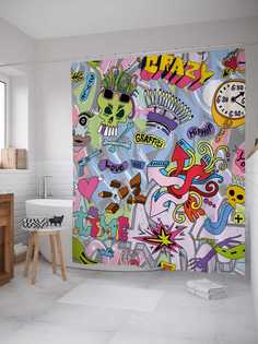 Штора для ванной JoyArty "Сумасшедшие граффити" из сатена, 180х200 см с крючками