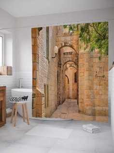 Штора для ванной JoyArty "Еврейский квартал в Иерусалиме" из сатена, 180х200 см с крючками