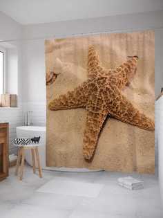 Штора для ванной JoyArty "Звезда на песке" из сатена, 180х200 см с крючками