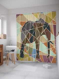 Штора для ванной JoyArty "Слон из мозаики" из сатена, 180х200 см с крючками