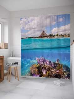 Штора для ванной JoyArty "Водная черта" из сатена, 180х200 см с крючками