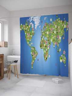 Штора для ванной JoyArty "Цветущие материки" из сатена, 180х200 см с крючками