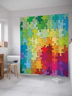 Штора для ванной JoyArty "Цветные пазлы" из сатена, 180х200 см с крючками