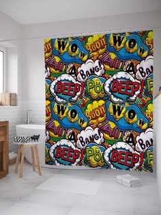 Штора для ванной JoyArty "Элементы комиксов" из сатена, 180х200 см с крючками