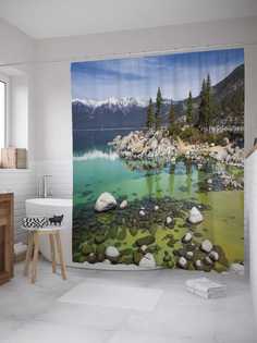 Штора для ванной JoyArty "Горное мелководье" из сатена, 180х200 см с крючками