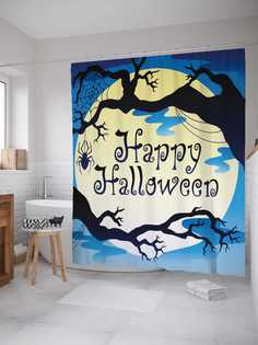 Штора для ванной JoyArty "Счастливого Хэллоуина" из сатена, 180х200 см с крючками