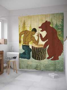 Штора для ванной JoyArty "Армрестлинг с медведем" из сатена, 180х200 см с крючками