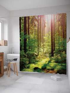 Штора для ванной JoyArty "Светлый лес" из сатена, 180х200 см с крючками
