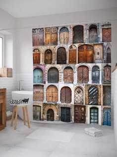 Штора для ванной JoyArty "Мир дверей" из сатена, 180х200 см с крючками