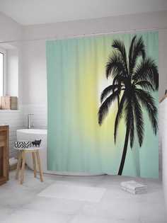 Штора для ванной JoyArty "Одинокая пальма на фоне солнца" из сатена, 180х200 см с крючками