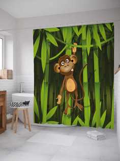 Штора для ванной JoyArty "Висящая обезьянка" из сатена, 180х200 см с крючками