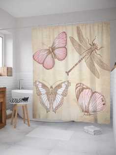Штора для ванной JoyArty "Бабочки и стрекозы" из сатена, 180х200 см с крючками