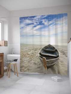 Штора для ванной JoyArty "Лодочка у моря" из сатена, 180х200 см с крючками