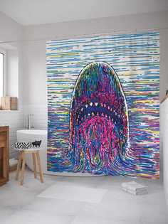 Штора для ванной JoyArty "Прыгучая акула" из сатена, 180х200 см с крючками