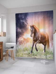 Штора для ванной JoyArty "Поднебесный конь" из сатена, 180х200 см с крючками