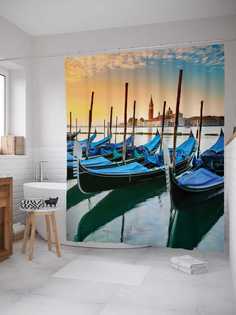 Штора для ванной JoyArty "Лодочная гавань" из сатена, 180х200 см с крючками