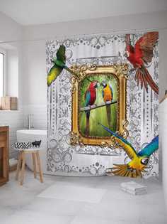 Штора для ванной JoyArty "Картина попугаев" из сатена, 180х200 см с крючками