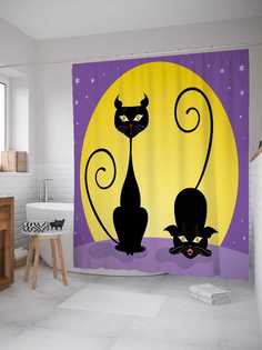 Штора для ванной JoyArty "Ночные коты" из сатена, 180х200 см с крючками