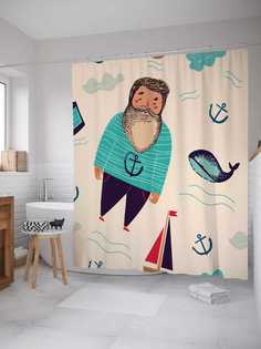 Штора для ванной JoyArty "Бородатый морячок" из сатена, 180х200 см с крючками