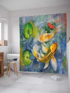 Штора для ванной JoyArty "Акварельные карпы" из сатена, 180х200 см с крючками