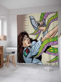 Штора для ванной JoyArty "Космические пришельцы" из сатена, 180х200 см с крючками