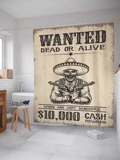 Штора для ванной JoyArty "Разыскивается мертвый или живой" из сатена 180х200 см с крючками