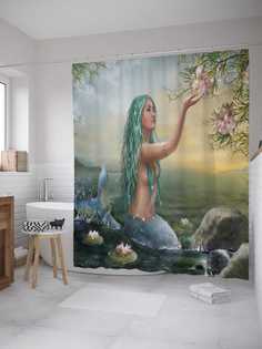 Штора для ванной JoyArty "Очаровательная русалка" из сатена, 180х200 см с крючками