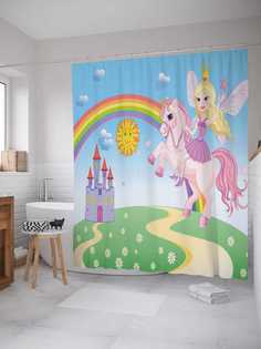 Штора для ванной JoyArty "Фея на единороге" из сатена, 180х200 см с крючками