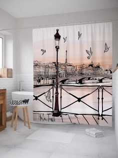 Штора для ванной JoyArty "Городские голуби" из сатена, 180х200 см с крючками