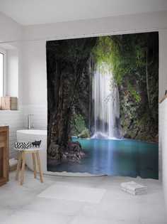 Штора для ванной JoyArty "Водопад в лесу" из сатена, 180х200 см с крючками