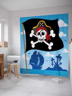 Штора для ванной JoyArty "Пиратский флаг над островом" из сатена, 180х200 см с крючками