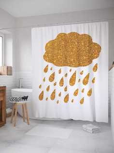 Штора для ванной JoyArty "Золотое облако с дождем" из сатена, 180х200 см с крючками