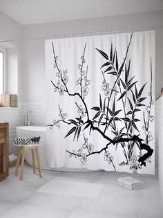 Штора для ванной JoyArty "Ветвь с листьями и цветами" из сатена, 180х200 см с крючками