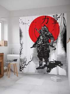 Штора для ванной JoyArty "Японский самурай" из сатена, 180х200 см с крючками