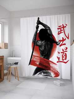 Штора для ванной JoyArty "Сильный самурай" из сатена, 180х200 см с крючками