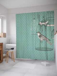Штора для ванной JoyArty "Птичка в клетке" из сатена, 180х200 см с крючками