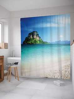 Штора для ванной JoyArty "Загадочный каменный остров" из сатена, 180х200 см с крючками