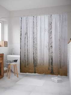 Штора для ванной JoyArty "Березовый лес" из сатена, 180х200 см с крючками