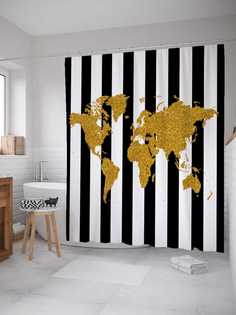 Штора для ванной JoyArty "Золотая карта мира" из сатена, 180х200 см с крючками
