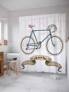 Штора для ванной JoyArty "Винтажный велосипед" из сатена, 180х200 см с крючками