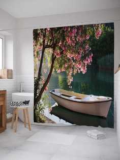 Штора для ванной JoyArty "Лодка под цветущим деревом" из сатена, 180х200 см