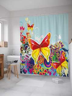 Штора для ванной JoyArty "Разноцветные бабочки" из сатена, 180х200 см с крючками