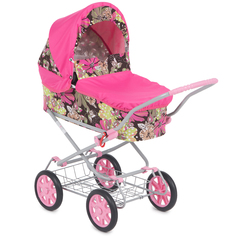 Коляска для кукол Wakart Классик 2 розовый + принт цветы