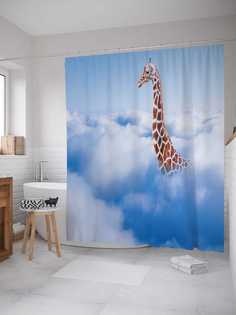 Штора (занавеска) JoyArty для ванной "Жираф в облаках" из сатена, 180х200 см с крючками