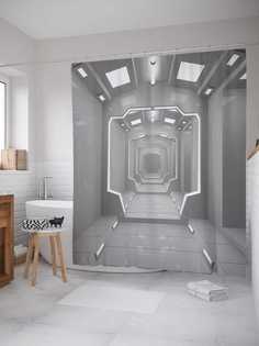 Штора (занавеска) JoyArty для ванной "Научный тоннель" из сатена, 180х200 см с крючками