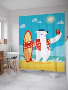 Штора для ванной JoyArty "Медведь делает селфи" из сатена, 180х200 см с крючками