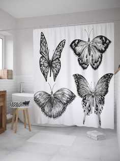 Штора JoyArty для ванной "Монохромные бабочки" из сатена, 180х200 см с крючками